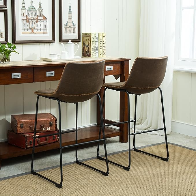 Roundhill Furniture Lotusville Vintage PU Leather Barstools, Antique Brown, Set of 2