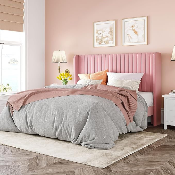 Allewie Queen Size Velvet Bed Frame/Vertical Channel Tufted Wingback Headboard/Upholstered Platform Bed/Strong Wooden Slats/No Box Spring Needed/Easy Assembly/Pink