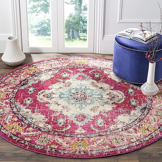 SAFAVIEH Monaco Collection Area Rug - 3' Round, Pink & Multi, Boho Chic Medallion Distressed Design, Non-Shedding & Easy Care, Ideal for High Traffic Areas in Living Room, Bedroom (MNC243D)