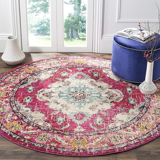 SAFAVIEH Monaco Collection Area Rug - 3' Round, Pink & Multi, Boho Chic Medallion Distressed Design, Non-Shedding & Easy Care, Ideal for High Traffic Areas in Living Room, Bedroom (MNC243D)