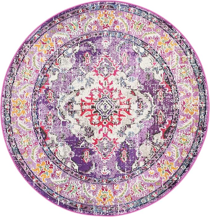 SAFAVIEH Monaco Collection Area Rug - 5' Round, Violet & Fuchsia, Boho Chic Medallion Distressed Design, Non-Shedding & Easy Care, Ideal for High Traffic Areas in Living Room, Bedroom (MNC243P)