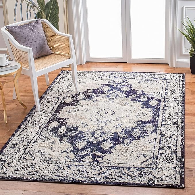 SAFAVIEH Monaco Collection 6'7" x 9'2" IvoryNavy MNC243C Boho Chic Medallion Distressed Non-Shedding Living Room Dining Bedroom Area Rug