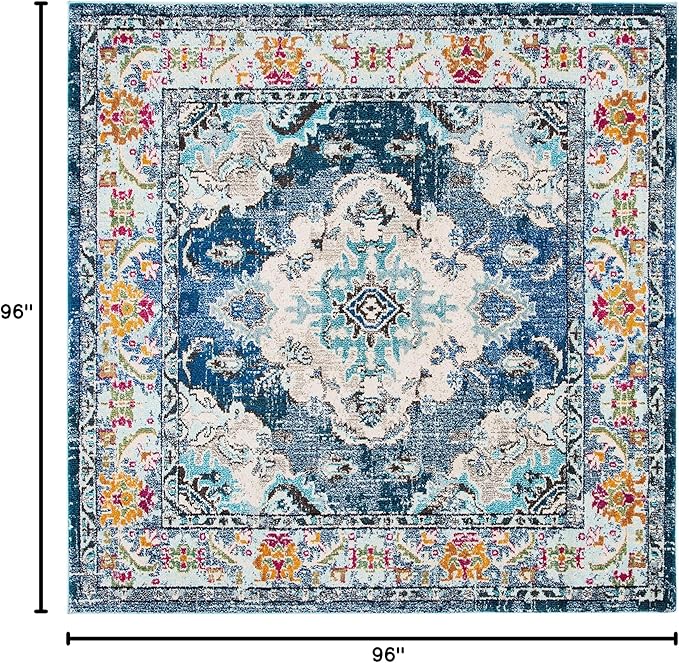SAFAVIEH Monaco Collection Area Rug - 8' Square, Navy & Light Blue, Boho Chic Medallion Distressed Design, Non-Shedding & Easy Care, Ideal for High Traffic Areas in Living Room, Bedroom (MNC243N)
