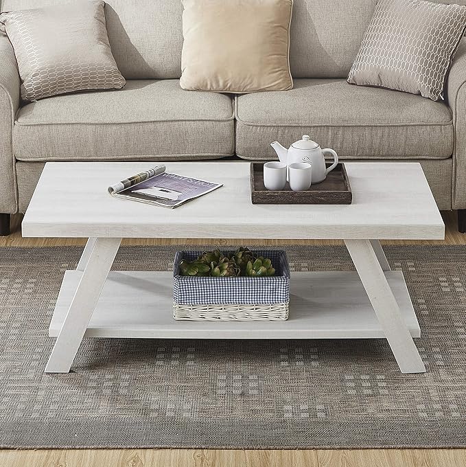 Roundhill Furniture Athens Contemporary Wood Shelf Coffee Table, White