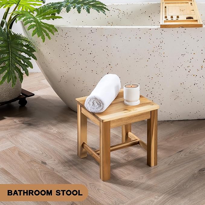 12 Inch Wooden Step Stool, Small Nature Beach Chair Under Desk, Indoor Acacia Wood Short Footstool for Living Room, Kitchen, Bathroom
