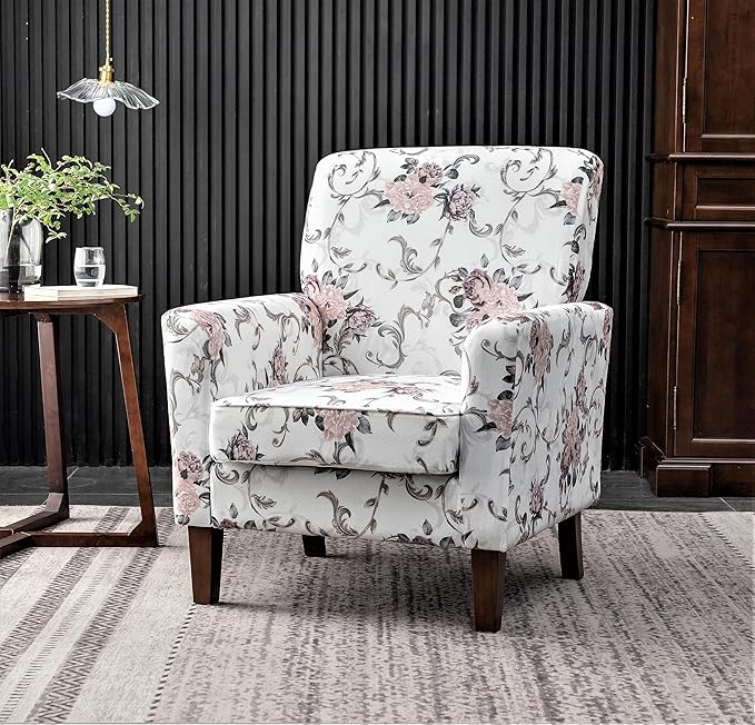 Container Furniture Direct Contemporary Accent Arm Chair with Birch Wood Frame and Velvet Upholstery, Armchair for Office and Living Room Decor, Removable Cushions, 06 Printed Fabric