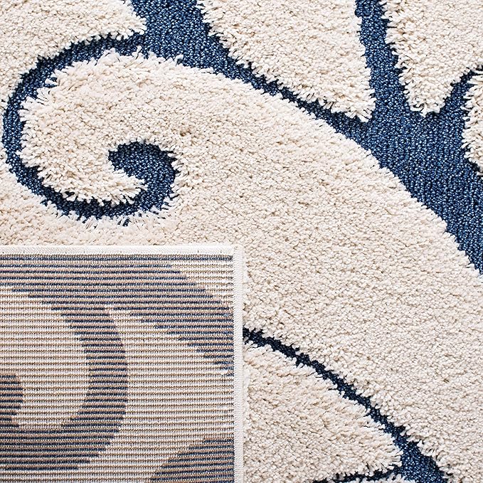 SAFAVIEH Florida Shag Collection Area Rug - 5' Square, Cream & Blue, Scroll Design, Non-Shedding & Easy Care, 1.2-inch Thick Ideal for High Traffic Areas in Living Room, Bedroom (SG455-1165)