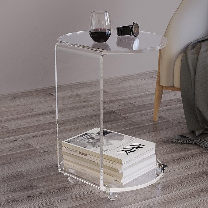 ONELUX C-Shaped Round Acrylic Side Sofa Table on Wheels,Clear Rolling Decoration Table for Living Room or Bedroom