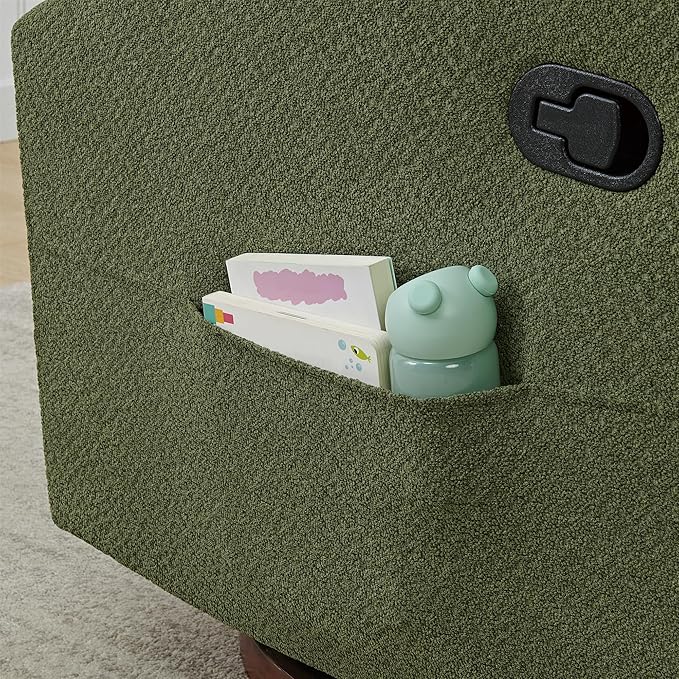 Upholstered Recliner Swivel Glider Nursery Chair Reclining Performance Fabric Rocker with Wood Base,Boucle,Moss Green