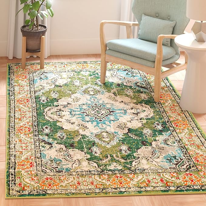 SAFAVIEH Monaco Collection Accent Rug - 3' x 5', Forest Green & Light Blue, Distressed Design, Non-Shedding & Easy Care, Ideal for High Traffic Areas in Entryway, Living Room, Bedroom (MNC243F)