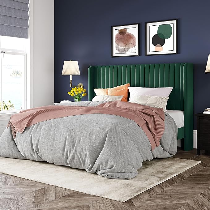 Allewie Queen Size Bed Frame/Velvet Upholstered Platform Bed/Vertical Channel Tufted Wingback Headboard/Strong Wooden Slats/No Box Spring Needed/Easy Assembly/Green