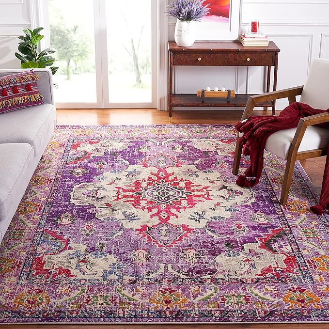 SAFAVIEH Monaco Collection Area Rug - 8' x 10', Violet & Fuchsia, Boho Chic Medallion Distressed Design, Non-Shedding & Easy Care, Ideal for High Traffic Areas in Living Room, Bedroom (MNC243P)
