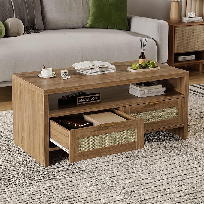 2 Tiers Boho Coffee Table with Storage,40” Mid Century Rattan Console Table with Drawers and Open Shelf, Wooden Center Coffee Table for Living Room/Apartment/Farmhouse/Bedroom/Small Place(Oak)