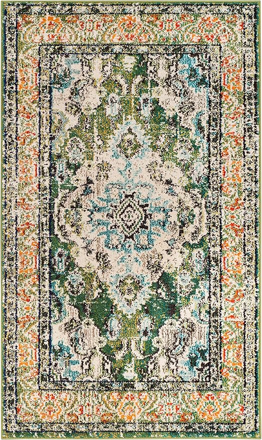 SAFAVIEH Monaco Collection Accent Rug - 3' x 5', Forest Green & Light Blue, Distressed Design, Non-Shedding & Easy Care, Ideal for High Traffic Areas in Entryway, Living Room, Bedroom (MNC243F)
