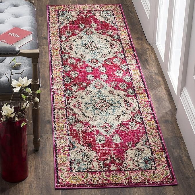 SAFAVIEH Monaco Collection Runner Rug - 2'2" x 20', Pink & Multi, Boho Chic Medallion Distressed Design, Non-Shedding & Easy Care, Ideal for High Traffic Areas in Living Room, Bedroom (MNC243D)