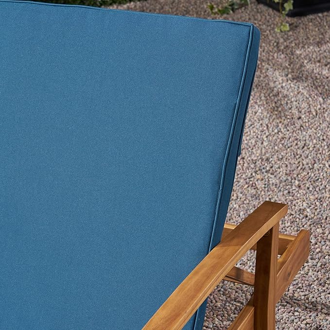 Christopher Knight Home Samantha Double Chaise Lounge for Yard and Patio, Acacia Wood Frame, Teak Finish with Blue Cushions