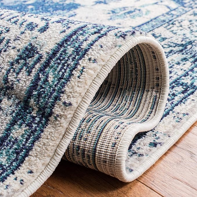 SAFAVIEH Monaco Collection Area Rug - 6'7" Square, Ivory & Blue, Boho Chic Medallion Distressed Design, Non-Shedding & Easy Care, Ideal for High Traffic Areas in Living Room, Bedroom (MNC243A)