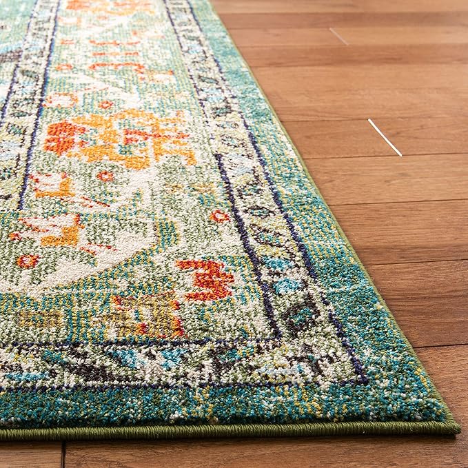 SAFAVIEH Monaco Collection Area Rug - 8' Square, Forest Green & Light Blue, Medallion Distressed Design, Non-Shedding & Easy Care, Ideal for High Traffic Areas in Living Room, Bedroom (MNC243F)