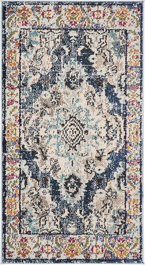 SAFAVIEH Monaco Collection Accent Rug - 2'2" x 4', Navy & Light Blue, Medallion Distressed Design, Non-Shedding & Easy Care, Ideal for High Traffic Areas in Entryway, Living Room, Bedroom (MNC243N)