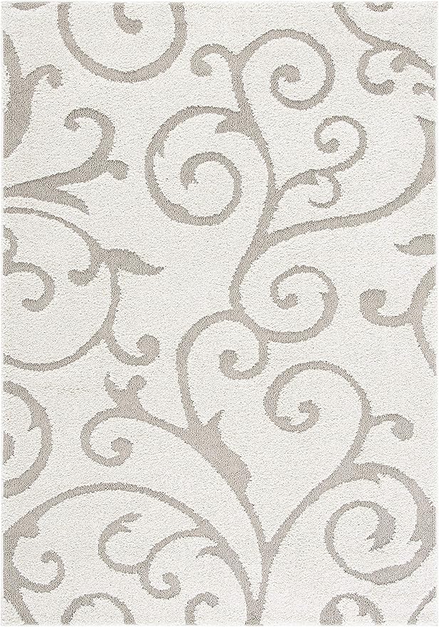 SAFAVIEH Florida Shag Collection Area Rug - 5'3" x 7'6", Ivory & Beige, Scroll Design, Non-Shedding & Easy Care, 1.2-inch Thick Ideal for High Traffic Areas in Living Room, Bedroom (SG455-13LT)