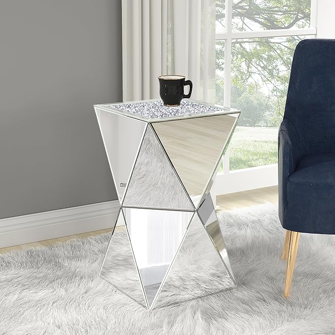 ENENE Mirrored Diamond Setting End Table Glass Decorative Side Table for Living Room Small Spaces Coffee Table Modern Pedestal Accent Table for Bedroom Office Hallway Entryway