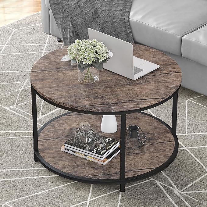 NSdirect Round Coffee Table, 25.6" Small Coffee Table for Living Room,2-Tier Rustic Wood Desktop with Storage Shelf Modern Design Home Furniture(Light Walnut)