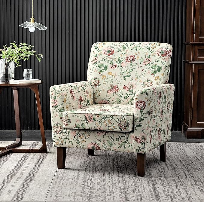 Container Furniture Direct Contemporary Accent Arm Chair with Birch Wood Frame and Velvet Upholstery, Armchair for Office and Living Room Decor, Removable Cushions, 04 Printed Fabric