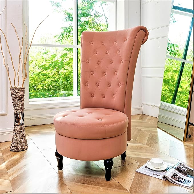 Container Furniture Direct Royal High-Back Velvet Accent Chair for Vanity with Storage and Luxurious Upholstery, Retro Design and Versatile Usage for Living Room, Bedroom, Lounge and Office, Rose