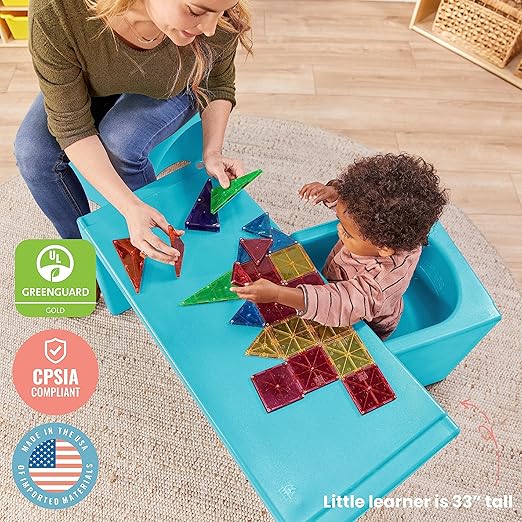 ECR4Kids Tri-Me Table and Cube Chair Set, Multipurpose Furniture, Cyan, 3-Piece