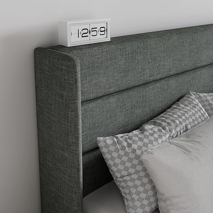 SHA CERLIN King Size Lift Up Storage Bed/Modern Wingback Headboard/Upholstered Platform Bed Frame/Hydraulic Storage/No Box Spring Needed/Wood Slats Support/Dark Grey