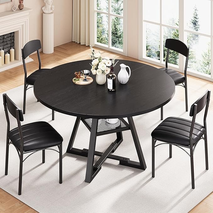 Round Dining Table Set for 4, Kitchen Table and Chairs for 4, Circle Table Round Pedestal Dining Room Dinner Dinette Table Set,5 Piece Space Saving Wood Kitchen & Dining Room Tables (Black, 47In)