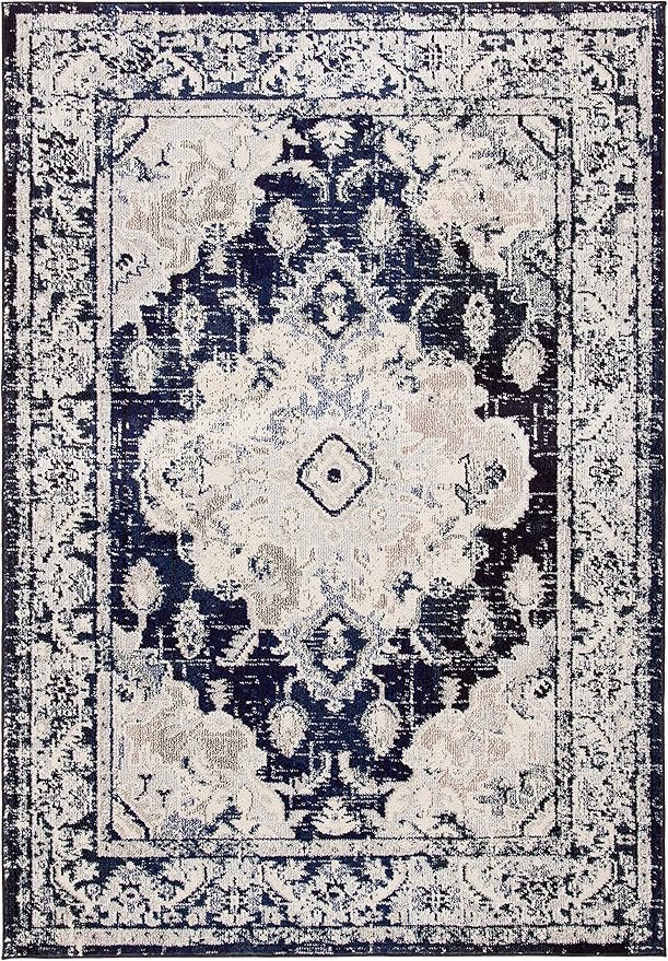 SAFAVIEH Monaco Collection 6'7" x 9'2" IvoryNavy MNC243C Boho Chic Medallion Distressed Non-Shedding Living Room Dining Bedroom Area Rug