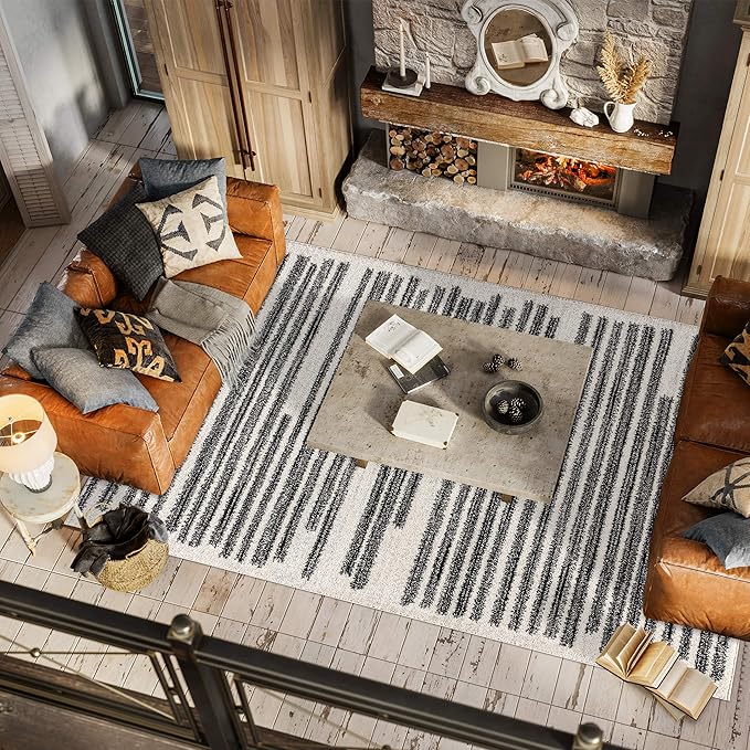 JONATHAN Y Khalil Modern Berber Stripe Cream/Black Indoor Area Rug, 8x10, Contemporary, Bohemian, Easy-Cleaning for Living Room, Bedroom, Kitchen, Pet Friendly, Non-Shedding (MOH207A-8)