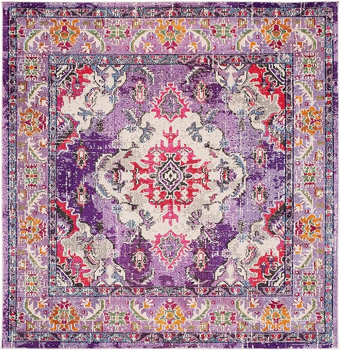 SAFAVIEH Monaco Collection Area Rug - 6'7" Square, Violet & Fuchsia, Boho Chic Medallion Distressed Design, Non-Shedding & Easy Care, Ideal for High Traffic Areas in Living Room, Bedroom (MNC243P)