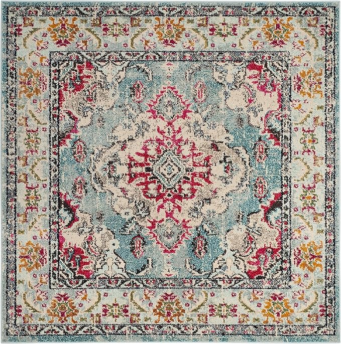 SAFAVIEH Monaco Collection Area Rug - 5' Square, Light Blue & Fuchsia, Boho Chic Medallion Distressed Design, Non-Shedding & Easy Care, Ideal for High Traffic Areas in Living Room, Bedroom (MNC243J)