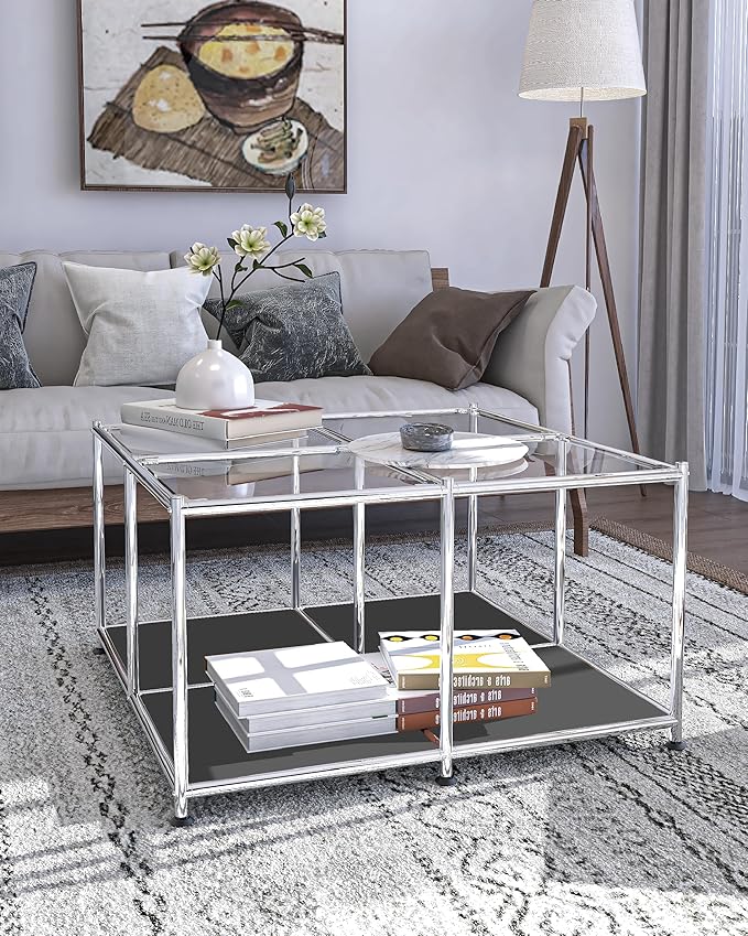 Matte Coffee Table with Open Storage, Square Tempered Glass Storage Rolling Coffee Table, Modern Design for Living Room, Meeting Room (Grey)