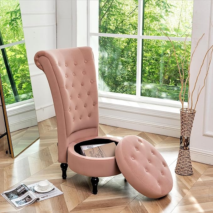 Container Furniture Direct Royal High-Back Velvet Accent Chair for Vanity with Storage and Luxurious Upholstery, Retro Design and Versatile Usage for Living Room, Bedroom, Lounge and Office, Rose