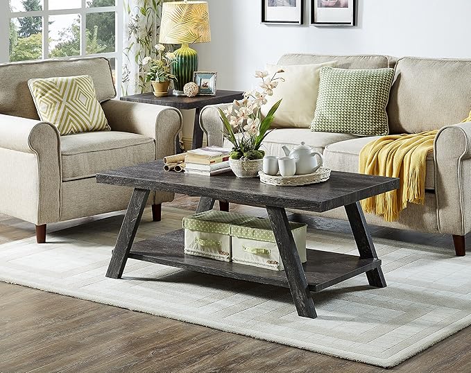 Roundhill Furniture Athens Contemporary Replicated Wood Shelf Coffee Table in Charcoal Finish
