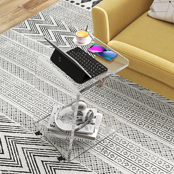 Modern Acrylic Side Table, Mobile C Shaped End Table for Sofa, Invisible Style Nightstand/Drink Tables/Snack Rolling Cart - Unique Stable Trapezoid Frame Design