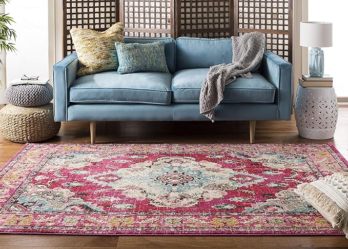 SAFAVIEH Monaco Collection Area Rug - 6'7" x 9'2", Pink & Multi, Boho Chic Medallion Distressed Design, Non-Shedding & Easy Care, Ideal for High Traffic Areas in Living Room, Bedroom (MNC243D)