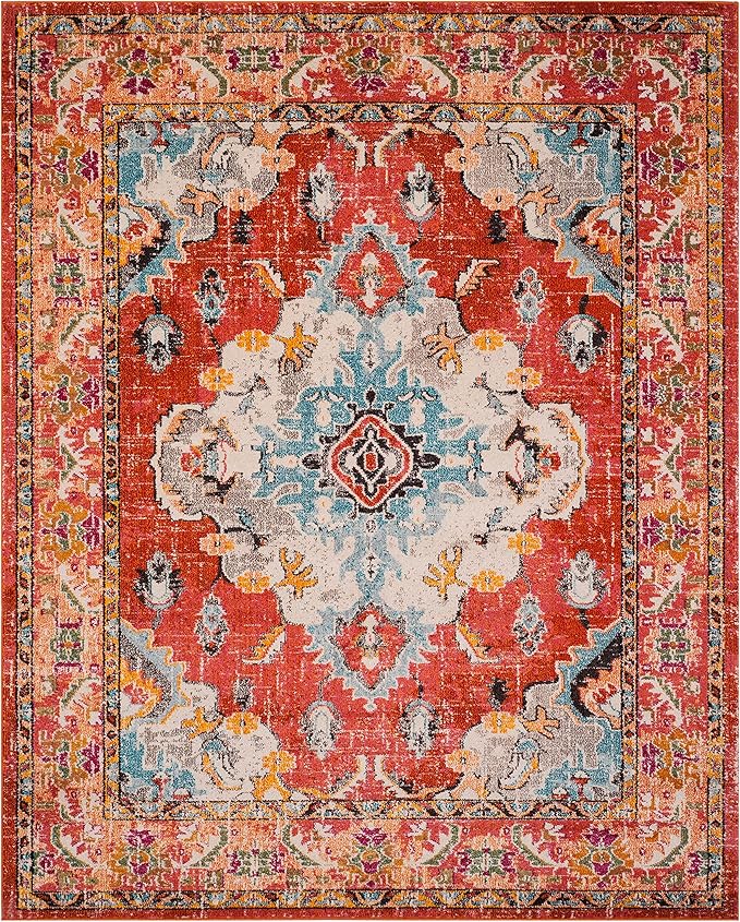 SAFAVIEH Monaco Collection Area Rug - 10' x 14', Orange & Light Blue, Boho Chic Medallion Distressed Design, Non-Shedding & Easy Care, Ideal for High Traffic Areas in Living Room, Bedroom (MNC243H)