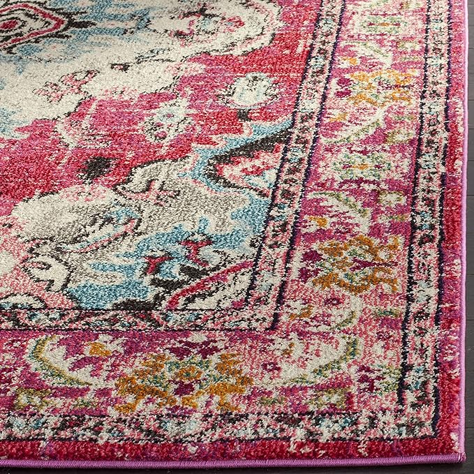 SAFAVIEH Monaco Collection Area Rug - 4' Square, Pink & Multi, Boho Chic Medallion Distressed Design, Non-Shedding & Easy Care, Ideal for High Traffic Areas in Living Room, Bedroom (MNC243D)