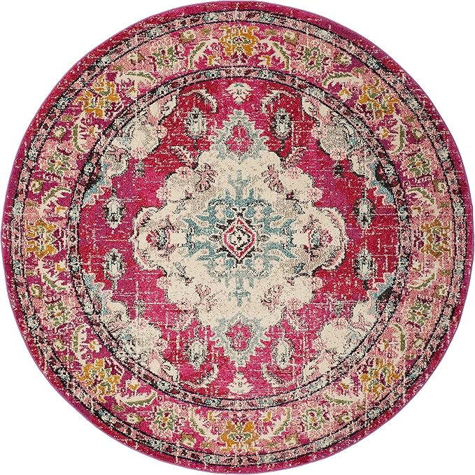 SAFAVIEH Monaco Collection Area Rug - 4' Round, Pink & Multi, Boho Chic Medallion Distressed Design, Non-Shedding & Easy Care, Ideal for High Traffic Areas in Living Room, Bedroom (MNC243D)