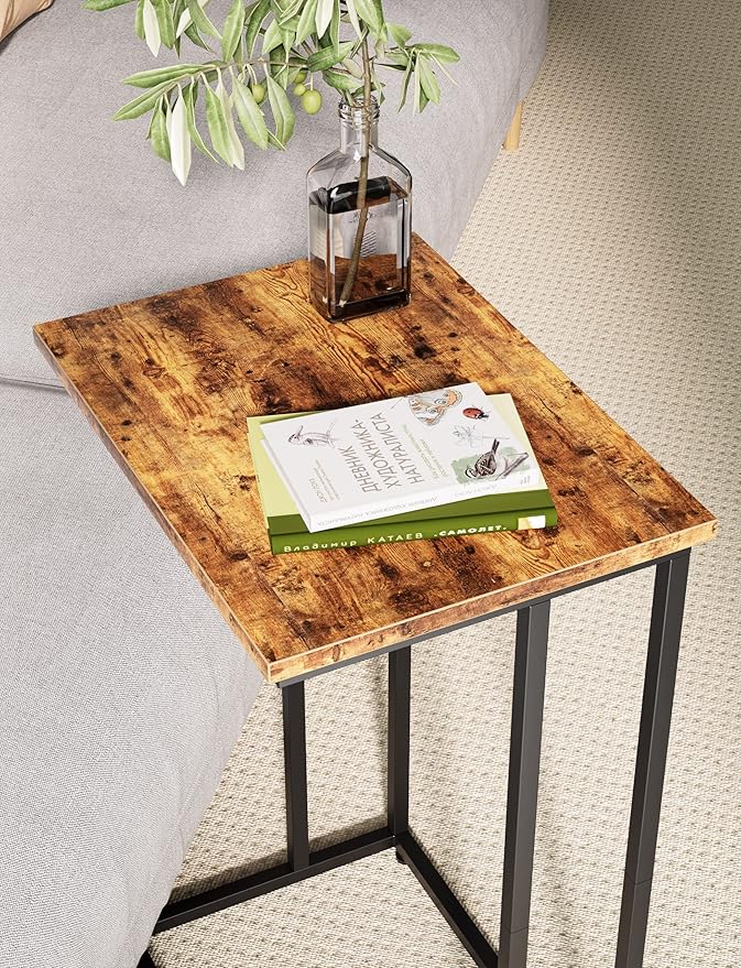 Innerjoin Wide C Side Table,C Couch Laptop Table with Metal Frames, Small Snack End Table for Sofa and Bed, Retro Laptop C Side Table, Living Room and Bedroom, Industrial Style, Rustic Brown