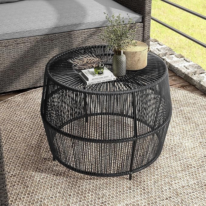 Muse & Lounge Co. Ysar Boho Rattan Round Coffee Table Outdoor with Metal Frame, All-Weather and Rust Resistant, Handcrafted Coastal Furniture for Patio, Poolside, Garden, Yard, Black