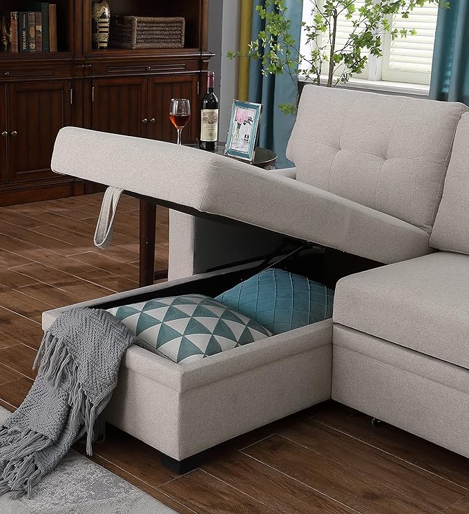 Devion Furniture Garisa 4-in-1 Convertible L Shaped Couch with Pull Out Bed and Storage, Sectional Sleeper Sofa with Reversible Chaise for Living Room, Apartment, Bedroom, Office