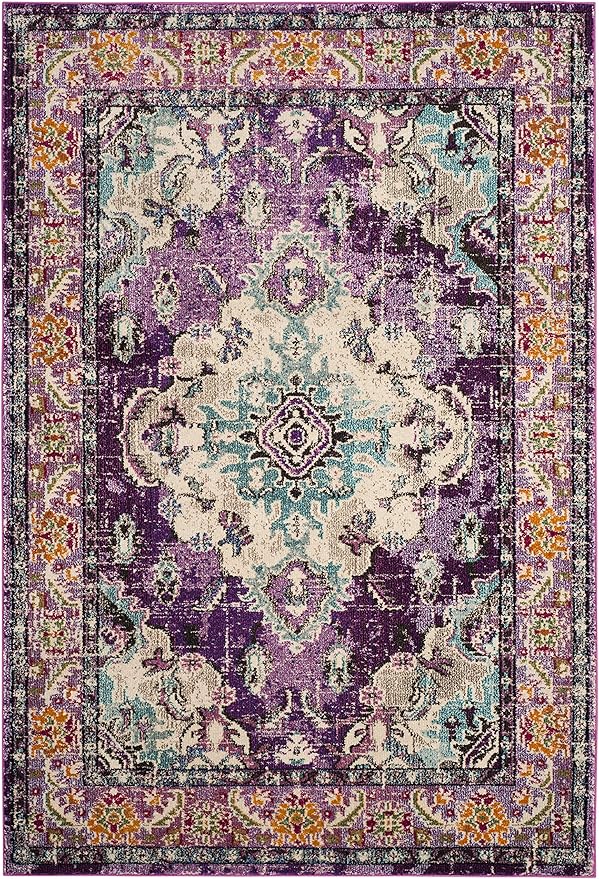 SAFAVIEH Monaco Collection Accent Rug - 4' x 5'7", Violet & Light Blue, Medallion Distressed Design, Non-Shedding & Easy Care, Ideal for High Traffic Areas in Entryway, Living Room, Bedroom (MNC243L)