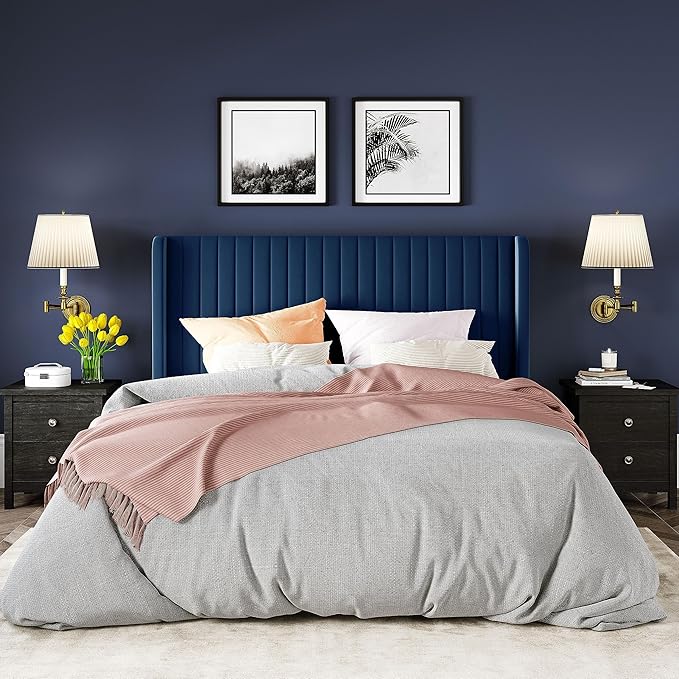 Allewie Queen Size Velvet Bed Frame/Vertical Channel Tufted Wingback Headboard/Upholstered Platform Bed/Strong Wooden Slats/No Box Spring Needed/Easy Assembly/Dark Blue