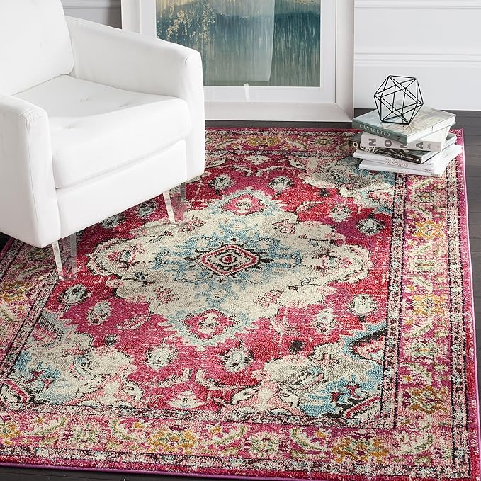 SAFAVIEH Monaco Collection Area Rug - 6'7" x 9'2", Pink & Multi, Boho Chic Medallion Distressed Design, Non-Shedding & Easy Care, Ideal for High Traffic Areas in Living Room, Bedroom (MNC243D)