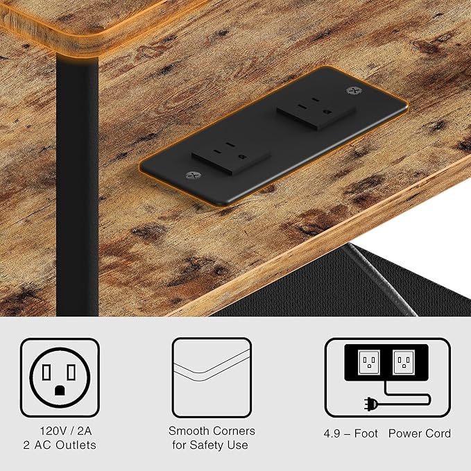 Small Side Table with Charging Station, End Table for Small Spaces, Slim Nightstand with Outlet,Sofa Beside Table, 3-Tier Storage Shelf,Living Room, Bed Room, Rustic Brown
